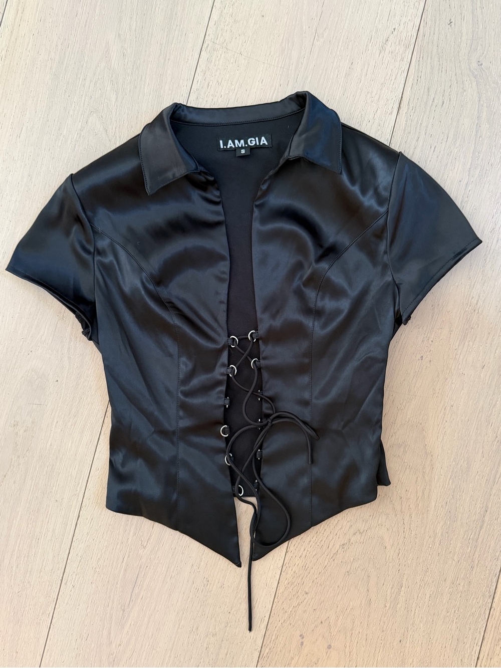 I.AM.GIA Black Satin Lace-Up Corset Shirt